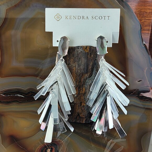 New Kendra Scott Justyne Statement Earrings Bright Silver Black MOP Neutral Mix - Picture 1 of 5